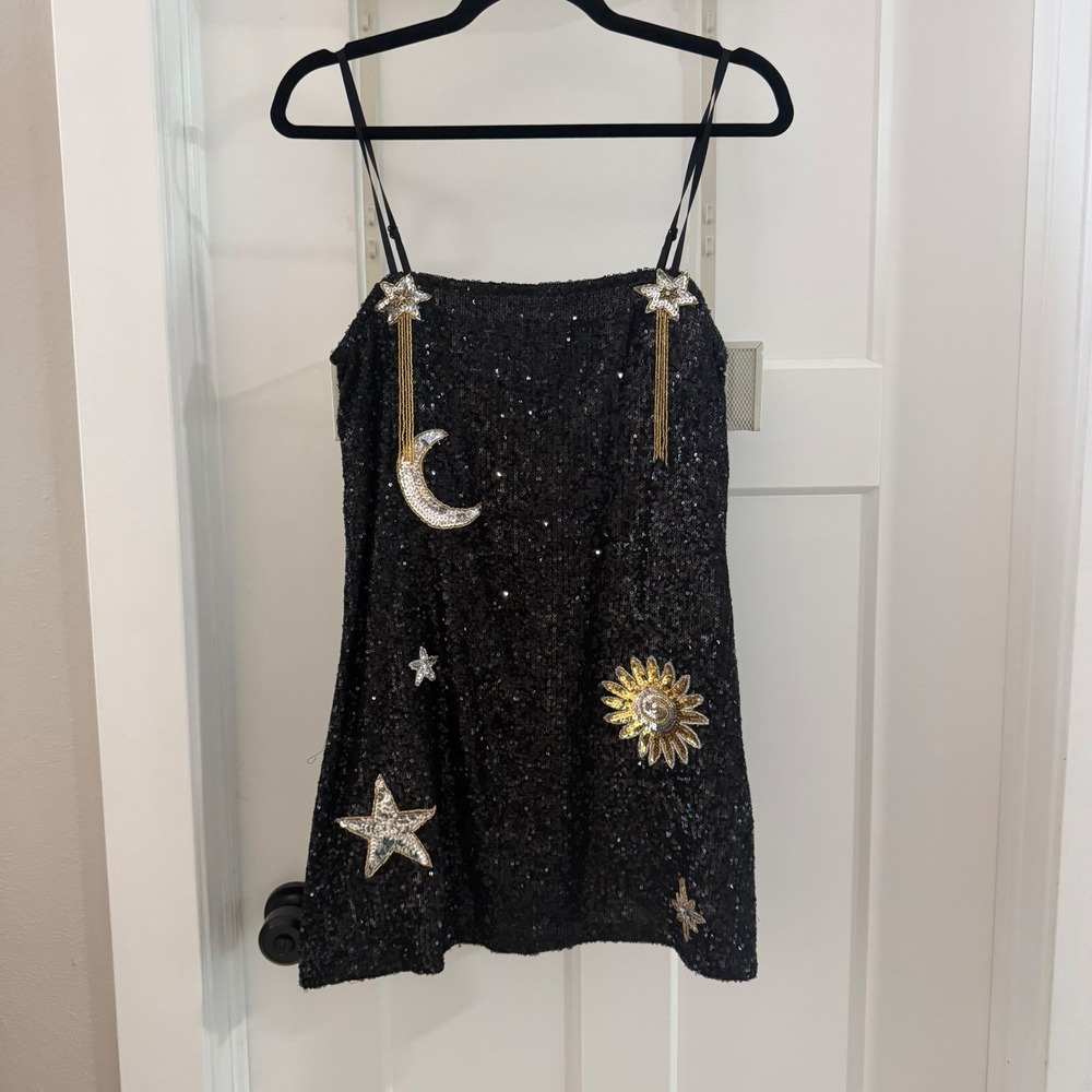 East N West Label Sequin Star Mini Dress Blk Celestial Moon Sun Whimsy L Party